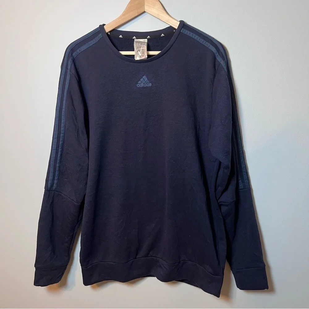 Adidas Men’s sz L Long Sleeve 3 Stripe Fleece Crew Sweatshirt Pullover Navy Blue